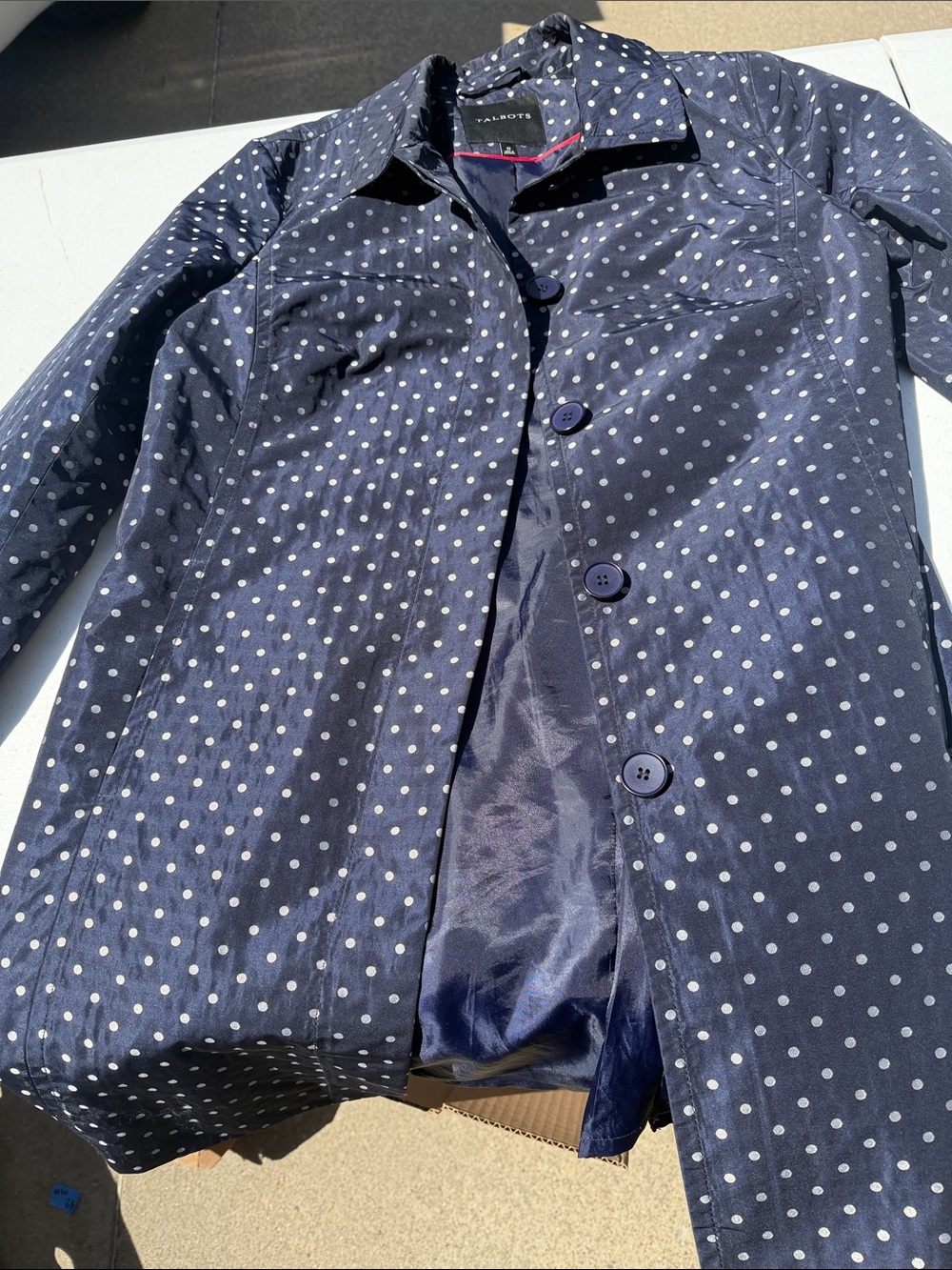Talbots Navy and White Polka Dot Trench Coat